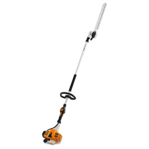 Long-handled hedge trimmer with orange engine unit and extended shaft on white background