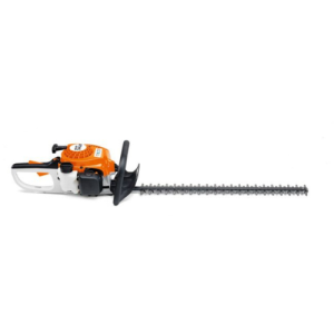 Gas-powered orange and white hedge trimmer with long blade and handle on white background