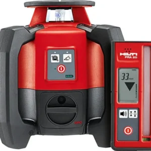 Front view of red Hilti PR30 rotating laser level with display screen and red Hilti PRA 300 remote detector showing 3.3 mm reading, product image for KSS Hire.