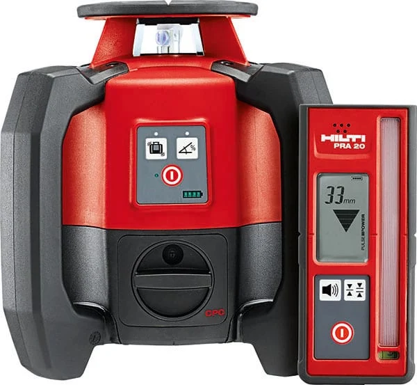 Front view of red Hilti PR30 rotating laser level with display screen and red Hilti PRA 300 remote detector showing 3.3 mm reading, product image for KSS Hire.