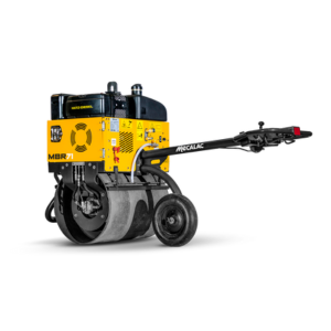 Yellow walk-behind road roller with handle and steel drum