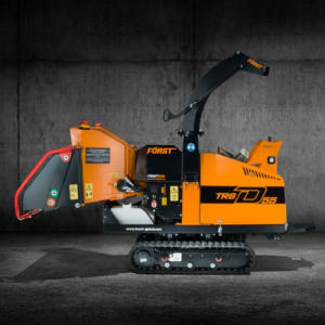 Orange Först TR8 tracked wood chipper machine with black tracks inside a dark garage