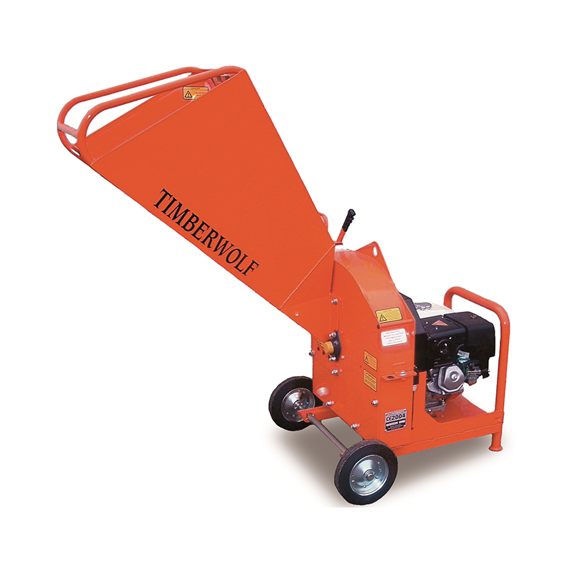 chipper1 Orange Timberwolf wood chipper machine with large hopper and wheels