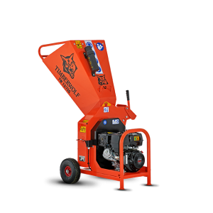 Orange Timberwolf wood chipper machine on wheels with transparent background