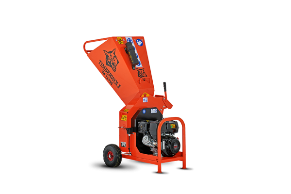 Orange Timberwolf wood chipper machine on wheels with transparent background
