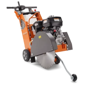 Cut-out image of Husqvarna FS 400 LV floor saw machine with large circular blade and orange frame on transparent background