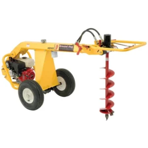 Yellow two-wheeled hydraulic post hole borer with red spiral auger bit