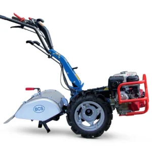 Blue BCS rotavator with red engine and tiller attachment