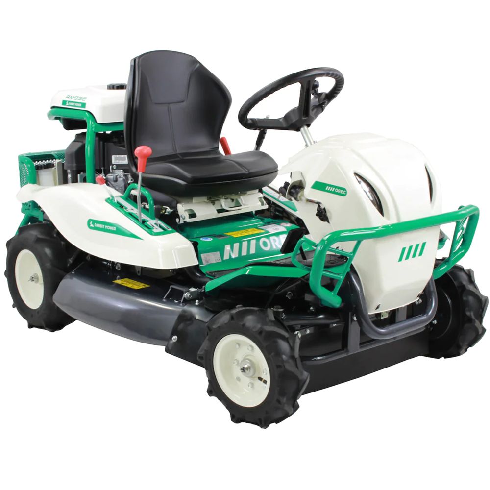 White ride-on brushcutter with black seat, green bumper and steering wheel