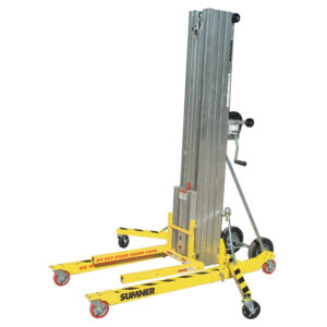Sumner material lift with yellow base, caster wheels and extendable silver mast