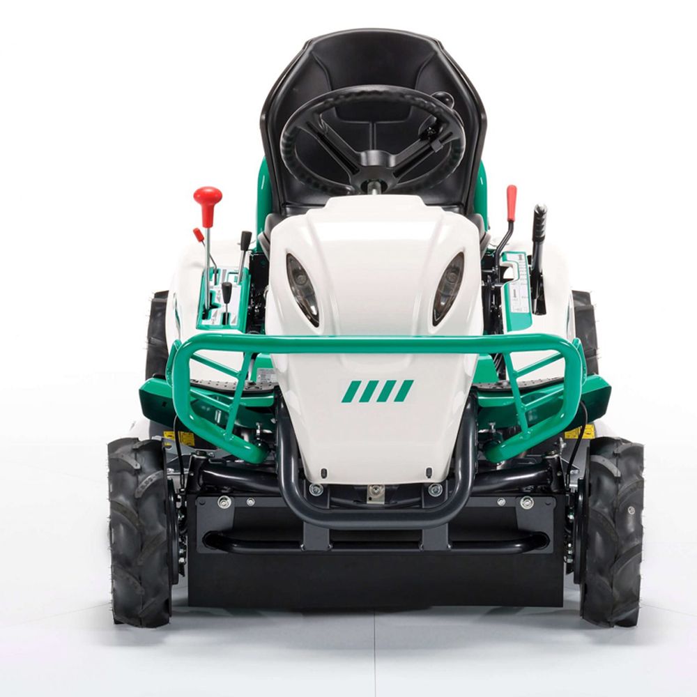 Front view of ride-on brushcutter with green bumper, headlights and seat