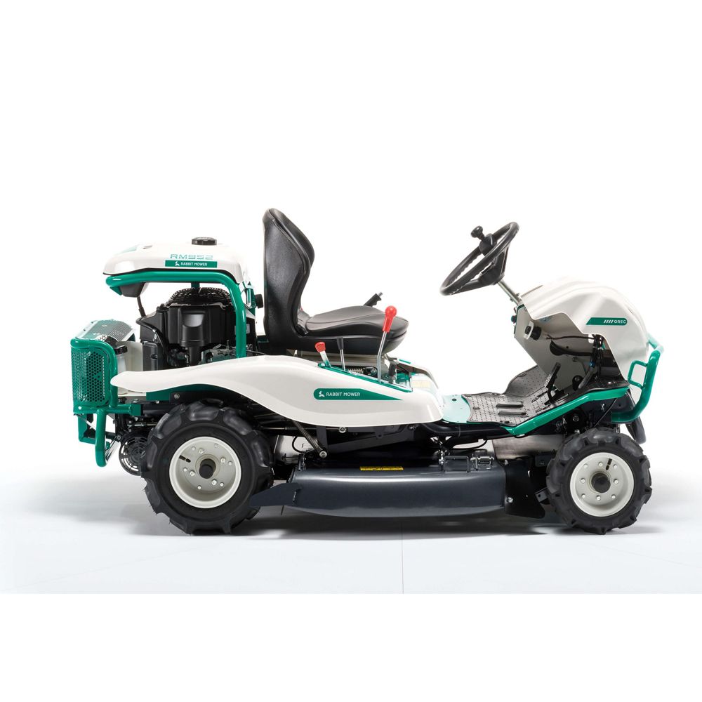 Side view of white Orec Rabbit ride-on brushcutter with seat and steering wheel