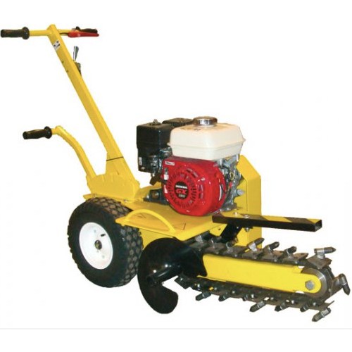 Yellow walk-behind trencher with red engine and digging chain