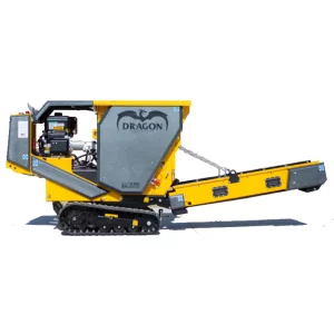 Side view of yellow Dragon tracked micro concrete crusher with conveyor belt on white background