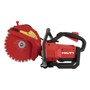 Red Hilti cordless disc cutter with circular blade and handle on white background