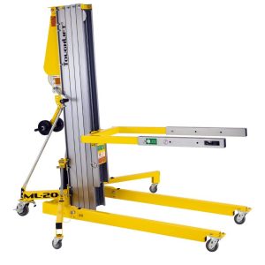 Material lift with tall silver column, adjustable yellow forks and outriggers with caster wheels, capable of lifting materials to 6.46 m; product image for KSS Hire.