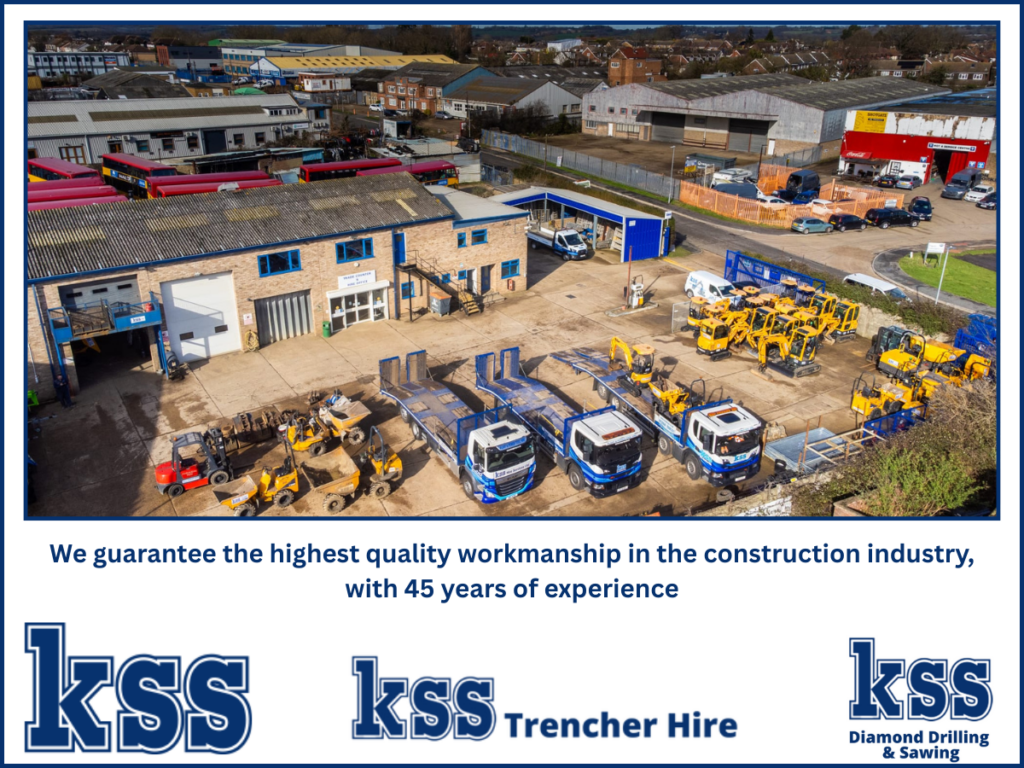Aerial view of KSS Hire depot with yellow equipment parked and slogan guaranteeing workmanship